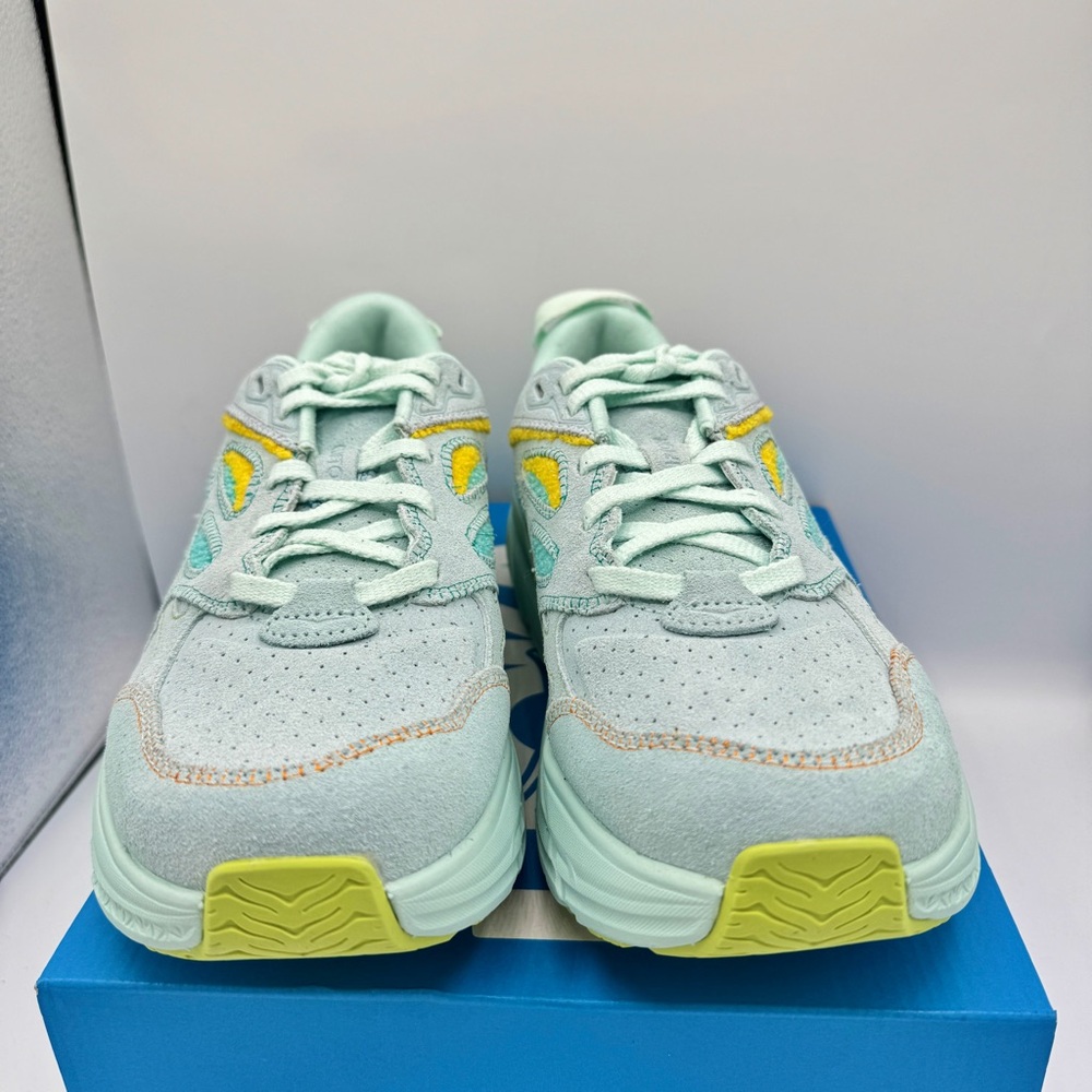 NWT Hoka Clifton Leather Embroidery UNISEX Shoes blue glass radiant yellow NEW - Picture 9 of 16